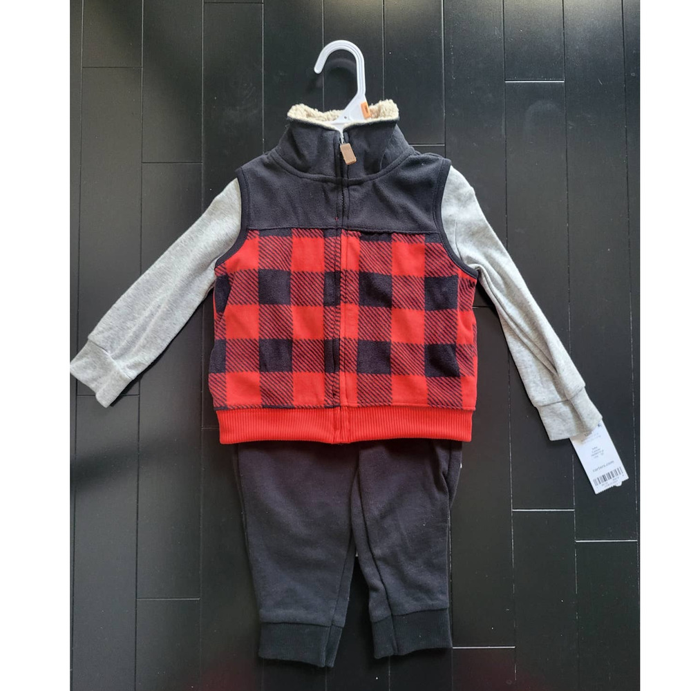 Carters 12 month Micro Fleece Red Plaid Vest with Pants 3 Piece Outfit